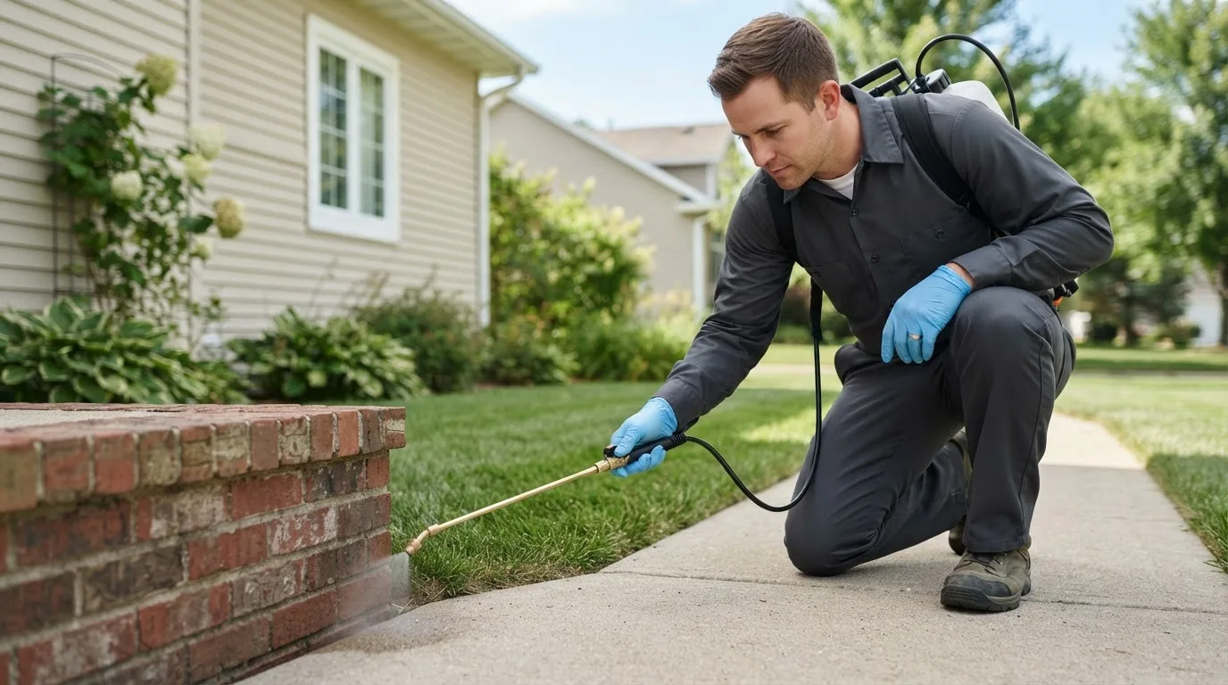 Pest control technician treating a home near Pawtucket, RI